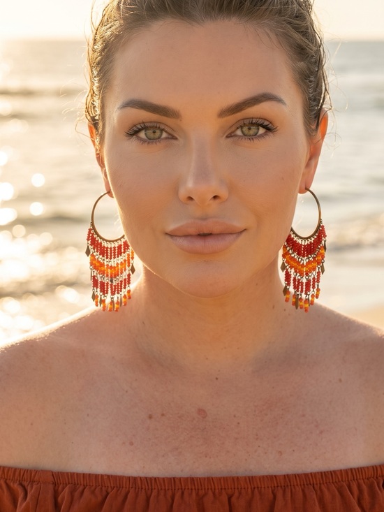 None Jewelry - Boho Beaded Fringe Hoop Earrings — Red & Orange 4 inch